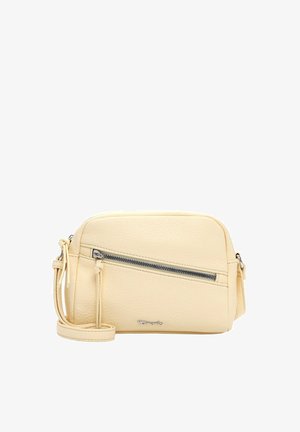 Kleine beige leren crossbodytas met diagonale ritssluiting aan de voorkant en verstelbare riem.