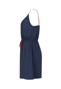 Mörkblå, ärmlös klänning med ett rött band, elastisk midja och en knytning. Slät textur och en avslappnad passform, går ner till mitten av låret.