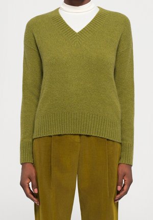 Osoba ubranaz oliwkowy sweter z dekoltem w serek na białym golfie oraz musztardowe spodnie sztruksowe, stojąca na jednolitym jasnym tle.