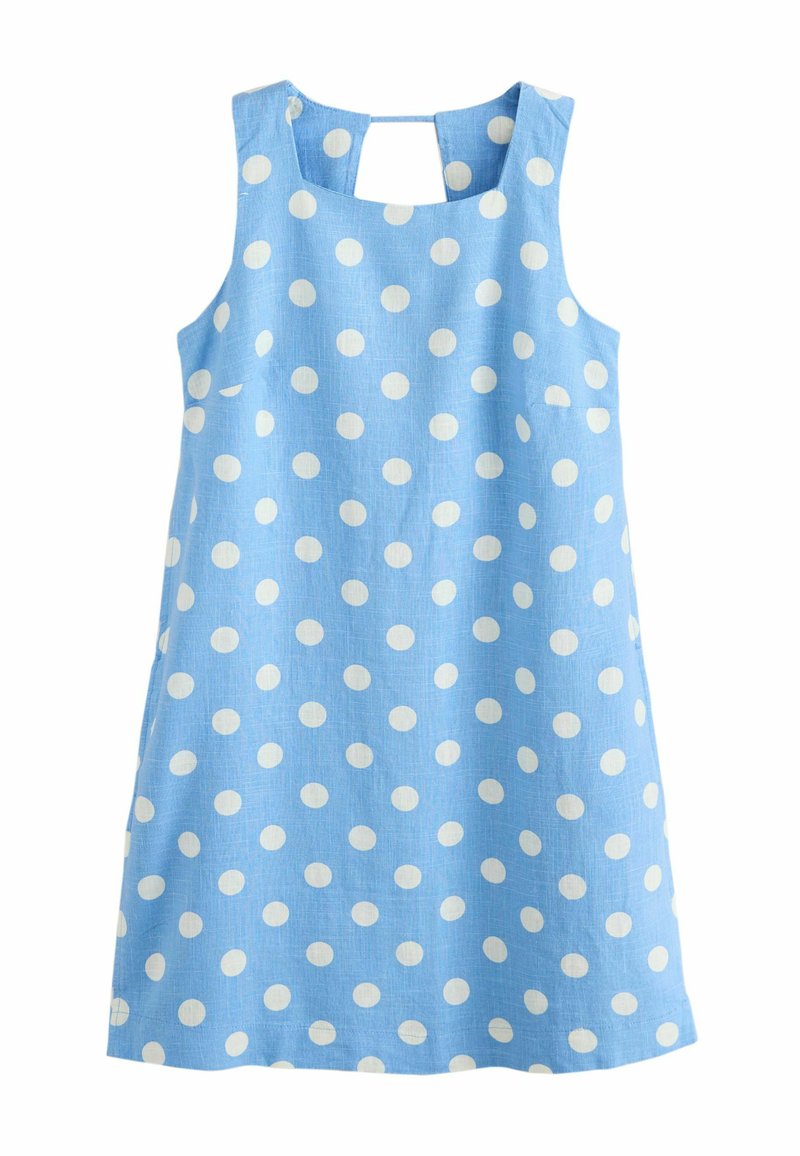 Robe bleu sans manches à pois blancs, encolure carrée et découpe rectangulaire dans le haut du dos.