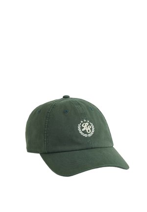 Casquette de baseball vert foncé avec une visière incurvée et un logo circulaire brodé en blanc avec "LS" et une couronne de laurier à l’avant.