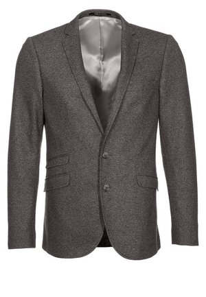 Blazer homme gris foncé à deux boutons, col cranté, deux poches à rabat et doublure intérieure lisse gris clair.