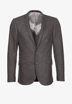 Blazer da uomo grigio scuro con due bottoni, rever a lancia, due tasche con pattina e fodera interna liscia grigio chiaro.