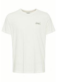White cotton t-shirt with a relaxed fit, crew neckline, and short sleeves. Contains a small green embroidered logo on the left chest.
