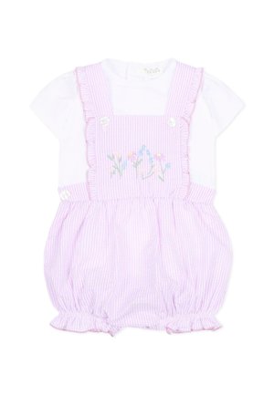 Biała koszula z krótkim rękawem oraz różowo-biały pasiasty rampers z falbankami na ramiączkach i haftowanymi pastelowymi kwiatami na przodzie.