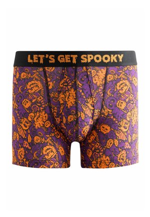 Lila Herren-Boxershorts mit orangefarbenen Halloween-Mustern und einem schwarzen Bund mit dem Schriftzug "LET'S GET SPOOKY" in orangefarbenen Buchstaben.