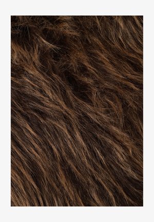 Brown faux fur with varying textures and lengths, featuring wavy strands and a soft feel, creating a warm and cozy appearance.