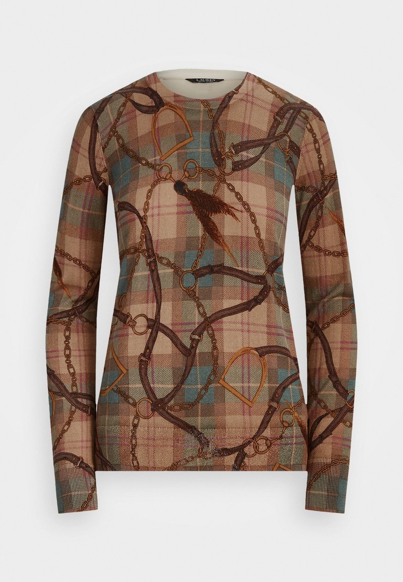 Sweter z długim rękawem w kratę w kolorach beżowym, niebieskim i brązowym, ozdobiony grafikami łańcuchów i akcesoriów w ciemnobrązowym kolorze z złotymi akcentami.