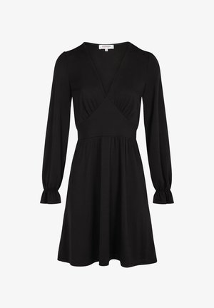 Schwarzes Kleid aus weichem Stoff, mit V-Ausschnitt, langen Puffärmeln mit elastischen Bündchen und einem ausgestellten Rock.