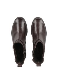 Hnědé kožené kotníkové boty s elegantním designem, které mají boční zipy a poutka pro snadné obouvání. Hladký povrch a zaoblený tvar špičky.