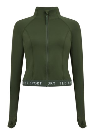 Oliiviroheline sportlik jakk esikettaga, kõrge krae, pikad varrukad ja elastse vöökoht, millel on valgete tähtedega "TED BAKER SPORT".