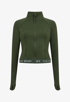 Oliiviroheline sportlik jakk esikettaga, kõrge krae, pikad varrukad ja elastse vöökoht, millel on valgete tähtedega "TED BAKER SPORT".