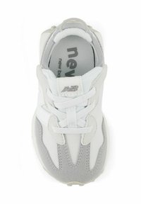 Sport shoes with a white mesh upper, grey suede accents, round toe, and white laces. Features a padded collar and a branded insole.