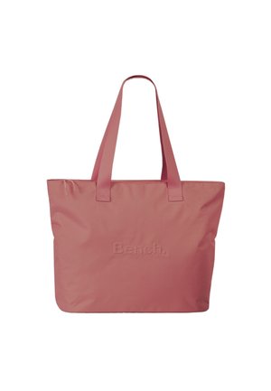 Pink tote bag made of durable fabric, featuring two sturdy shoulder straps and a subtle embossed logo on the front. Simple and functional design.