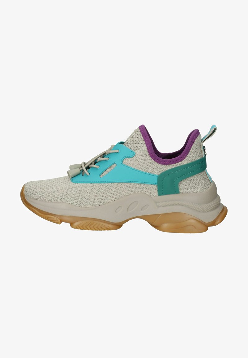 Mesh sneaker in beige, with turquoise and purple accents. Features a comfortable sole, lace-up closure, and textured design elements.