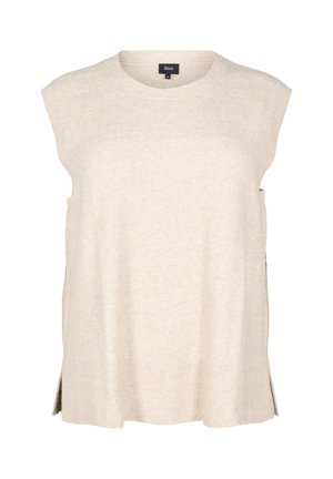 Débardeur en tricot beige sans manches avec un col rond, fentes latérales et ourlet côtelé. Texture douce, design décontracté, idéal pour le superposition.
