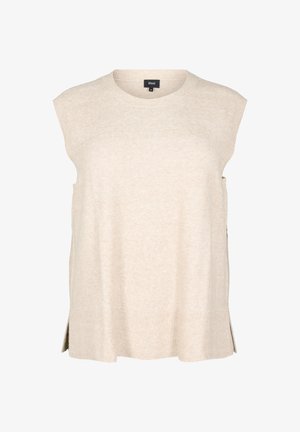 Beige mouwloze gebreide top met een ronde halslijn, zijsplitten en geribbelde zoom. Zachte textuur, casual ontwerp, geschikt voor het combineren in lagen.