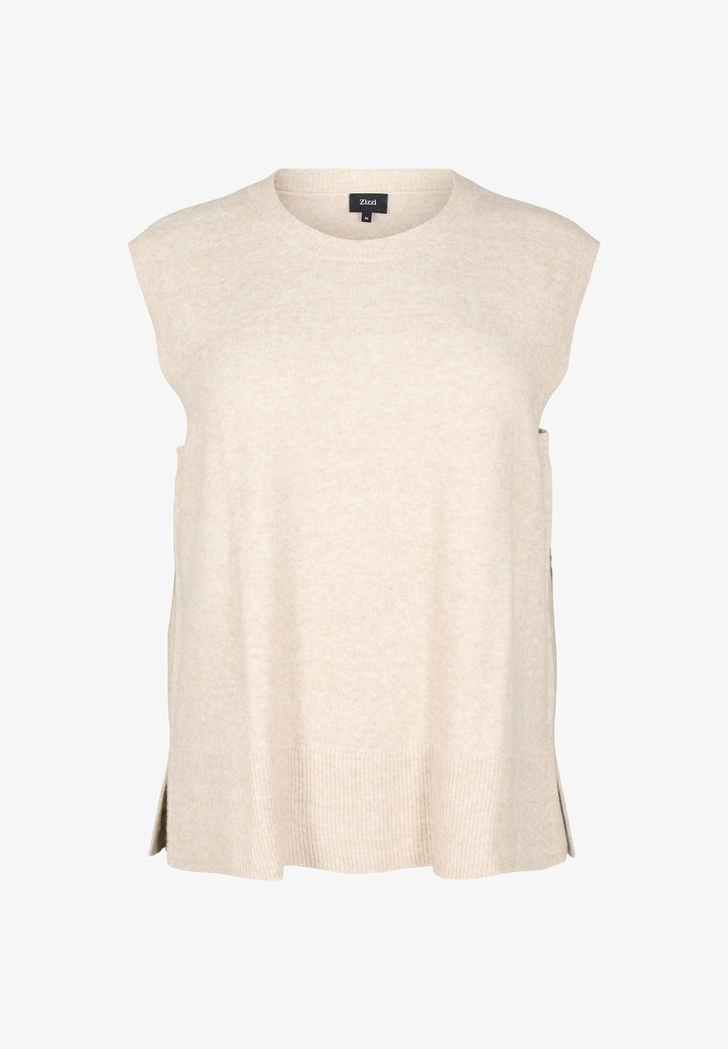 Beige ærmeløs striktop med rund halsudskæring, sideskår og ribbet kant. Blød tekstur, afslappet design, velegnet til lagdeling.