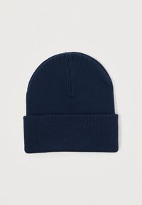 Navy blue knit beanie with a fold-over cuff. Made of soft, elastic material, featuring ribbed texture and seamless top design.