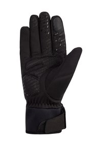 Schwarze Handschuhe mit rutschfester Oberfläche, einem Klettverschluss am Handgelenk, einer glatten Innenfläche und gemusterten Akzenten auf der Rückseite.