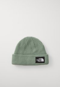 Bonnet en tricot de couleur vert clair, avec un design en côtes et un patch rectangulaire noir affichant le logo "The North Face" à l'avant.