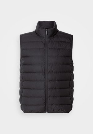 Black padded vest with a high collar, front zipper, and horizontal stitching pattern. Features a small logo on the chest.