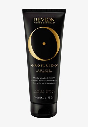 Black tube of Revlon Professional Orofluido moisturizing body cream, 200 ml, with gold and white text and a circular gold logo.