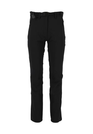 Sorte, tætsiddende bukser lavet af syntetisk stof. Har bæltesløjfer, sidelommer med lynlås og teksturerede paneler på de nederste ben.