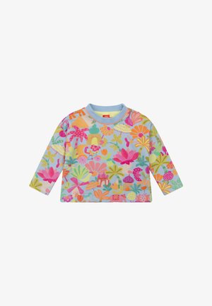 Sweatshirt met lange mouwen in pastelkleurig blauw met kleurrijke bloemen- en dierenpatronen. Zacht, lichtgewicht materiaal met een ronde hals.