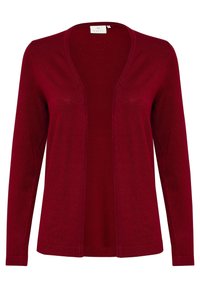 Röd stickad cardigan med öppen front, långa ärmar och en mjuk textur. Har en tagglabel vid kragen. Inga mönster eller hårdvara.