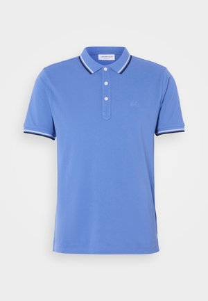 Blauwe poloshirt van katoen met een drieknoopsluiting, contrasterende witte en marineblauwe strepen op de kraag en de mouwuiteinden.