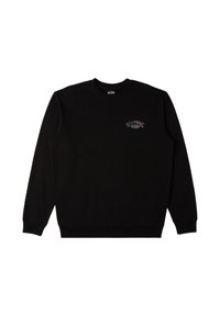 Sudadera negra de algodón, con cuello redondo, mangas largas, puños acanalados y un pequeño logo bordado en el pecho.