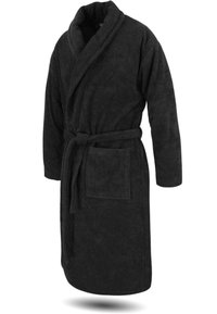 Schwarzer Frottee-Bademantel mit Taillengurt, langen Ärmeln, Schalkragen und einer vorderen Tasche; weiche Textur und knielanger Schnitt.