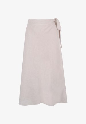 Licht beige linnen wikkelrok met gestrikte taille, A-lijn silhouet, zachte textuur, knie-lange snit en minimalistisch ontwerp.