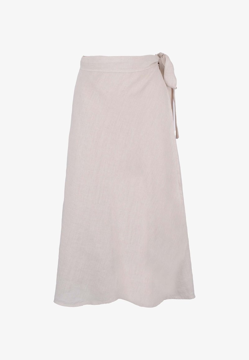 Gonna avvolgente in lino beige chiaro con vita legata, silhouette a trapezio, morbida texture, taglio a lunghezza ginocchio e design minimalista.