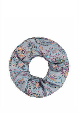 Hellblaues Stoff-Scrunchie mit buntem Paisley-Muster in Orange-, Pink-, Lila- und Türkistönen.