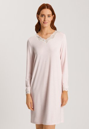 Light pink nightgown with long sleeves, lace accents on the neckline and sleeve cuffs. Soft, smooth texture with a relaxed fit.