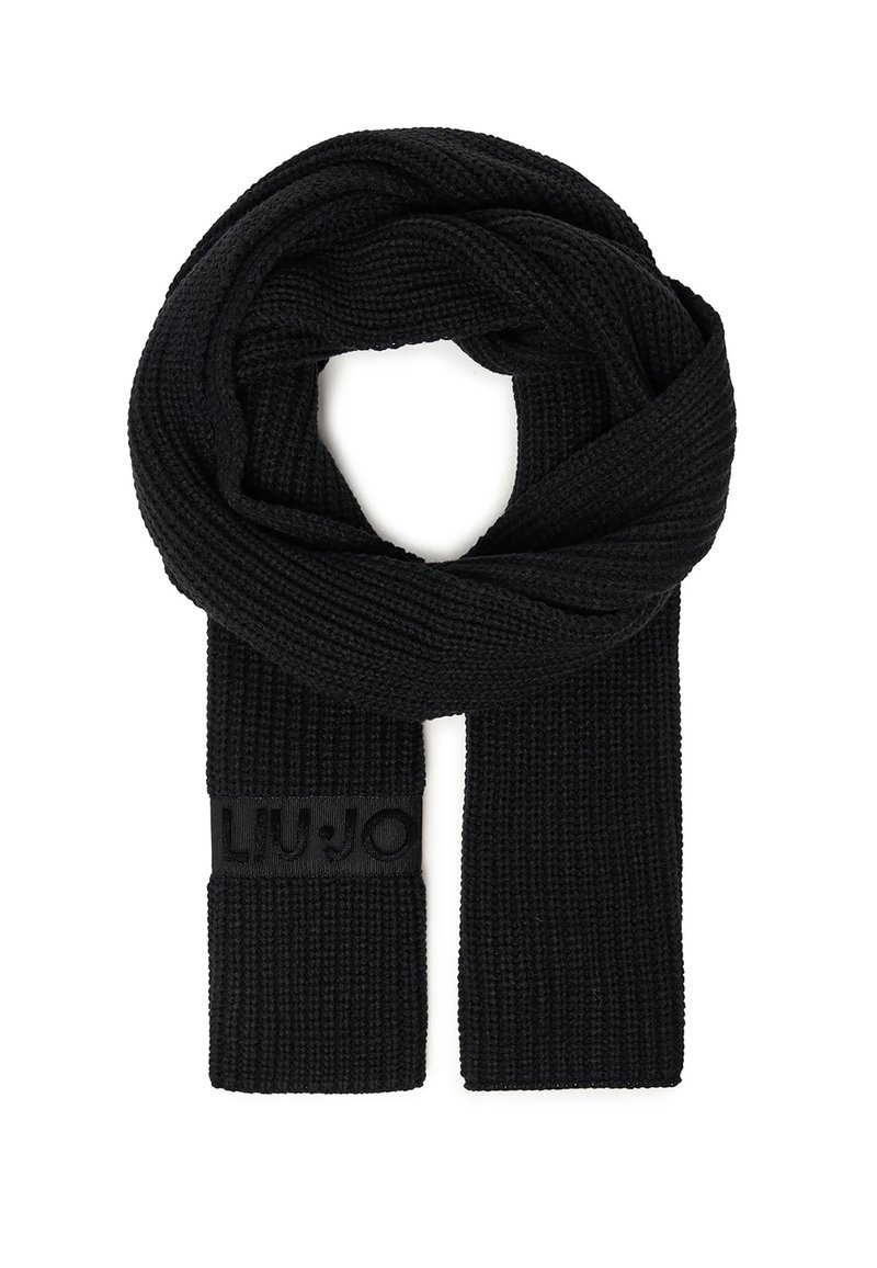 Foulard nero lavorato a maglia con una trama a coste e una patch piatta con il logo "LIU JO." Progettato per calore e comfort, con una forma allungata.