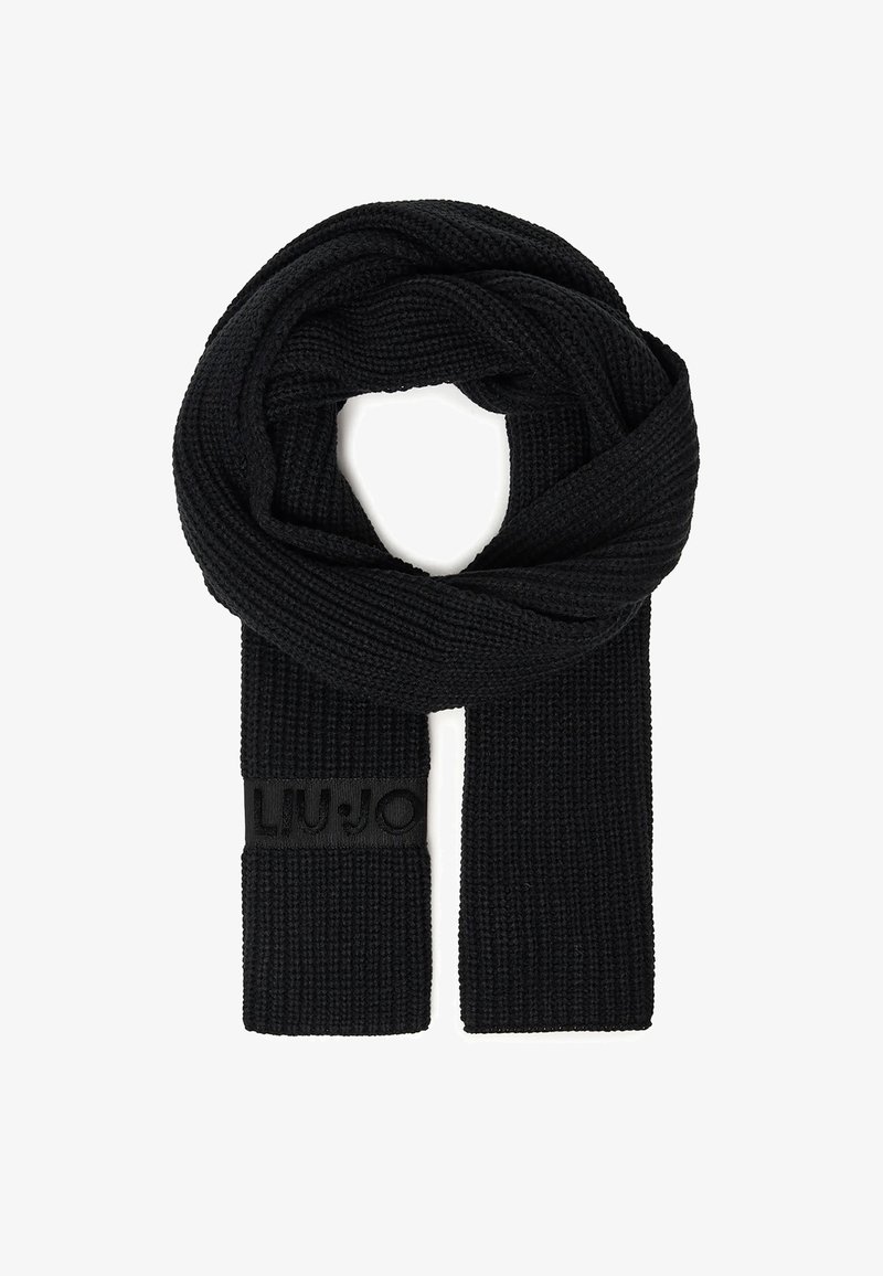 Foulard nero lavorato a maglia con una trama a coste e una patch piatta con il logo "LIU JO." Progettato per calore e comfort, con una forma allungata.