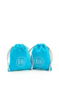 Kaks türkiissinist nööriga kotti, mis on valmistatud pehmest kangast, millel on valged ümmargused logod tekstidega "Elli" ja "by Julie & Grace."
