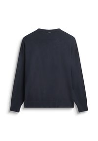 Maglione blu navy a maniche lunghe con collo a girocollo, realizzato in un tessuto liscio, con polsini a costine e orlo dritto.