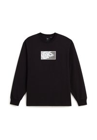 Black long-sleeve Vans shirt with a gray and white rectangular Vans logo centered on the chest, crew neck, and ribbed cuffs.