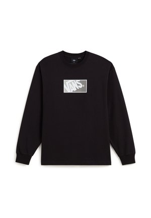 Camisa negra de manga larga de Vans con un logo rectangular en gris y blanco centrado en el pecho, cuello redondo y puños acanalados.