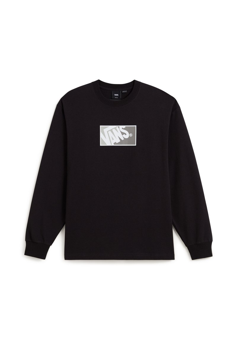 Black long-sleeve Vans shirt with a gray and white rectangular Vans logo centered on the chest, crew neck, and ribbed cuffs.