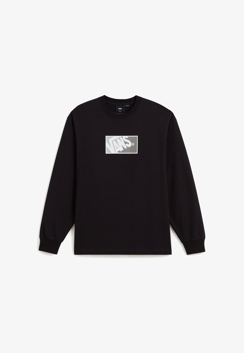 Black long-sleeve Vans shirt with a gray and white rectangular Vans logo centered on the chest, crew neck, and ribbed cuffs.