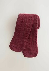 Burgundowe skarpety za kolano z teksturowanymi wzorami, z prążkowanymi detalami i gładkim wykończeniem, starannie złożone na jasnym tle.