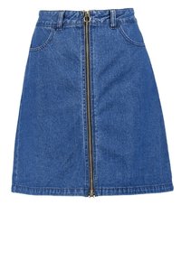 Jupe en denim bleue à coupe droite, dotée d'une fermeture éclair frontale, de deux poches latérales et d'une ceinture avec passants pour ceinture.