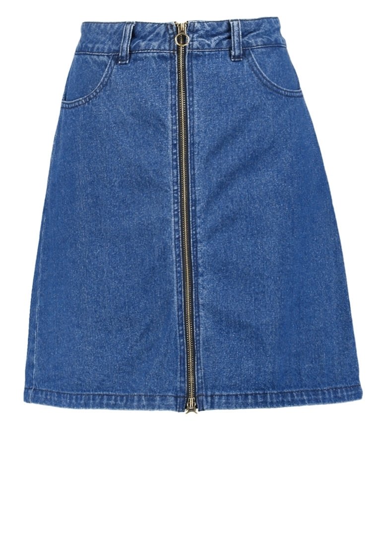 Jupe en denim bleue à coupe droite, dotée d'une fermeture éclair frontale, de deux poches latérales et d'une ceinture avec passants pour ceinture.