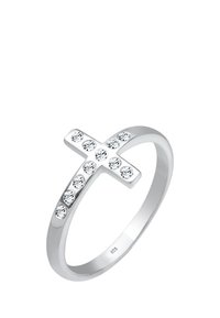 Sterling sølv ring med et korsdesign prydet med flere klare sten, glat band, poleret finish og et stempel med 925.