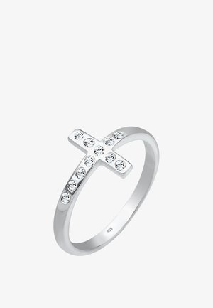 Sterling zilveren ring met een kruisontwerp versierd met meerdere heldere stenen, een gladde band, gepolijst afwerking en een 925 waarmerk.